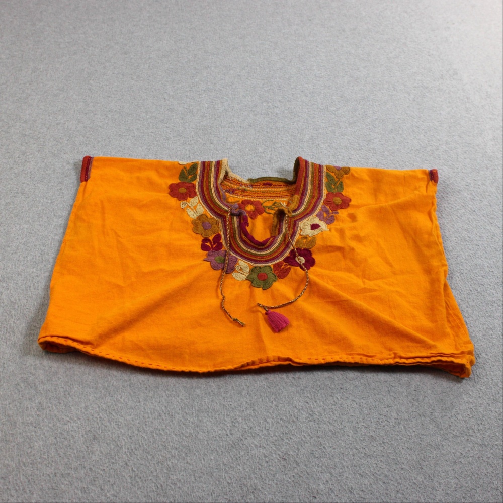 Mexican Embroidered Shirt Woman Large Orange Floral Tassel Cropped Boho Festival